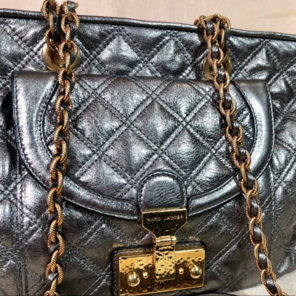 Marc Jacobs Leather Bag Astor metallic silver quilted Dustbag, Key, Cards, ta… - Picture 3 of 13